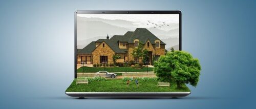 パソコンと家と木